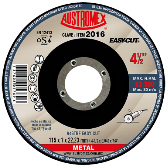 AUSTROMEX - 2016 - Disco con centro deprimido para corte de metal 4-1/2" x .040" x 7/8"
