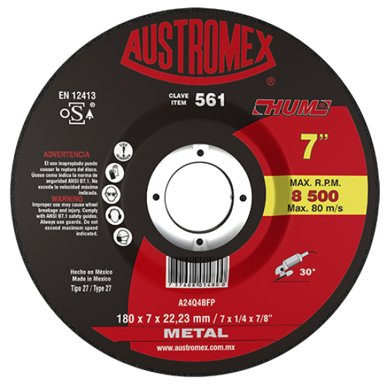 AUSTROMEX - 561 - Disco con centro deprimido para desbaste de metal 7" x 1/4" x 7/8"