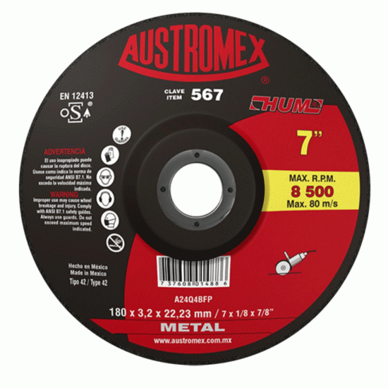 AUSTROMEX - 567 - Disco con centro deprimido para corte de metal 7"