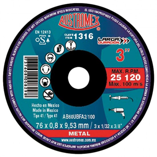 AUSTROMEX - 1316 - Disco para corte de metal 3" x 1/32" x 3/8"