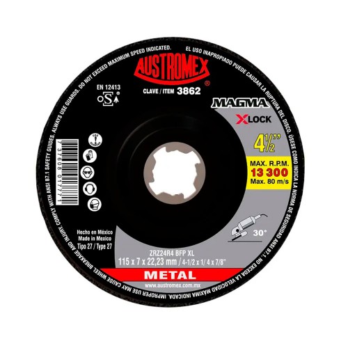 Disco abrasivo para debaste de metal de 115 x 7 x 22.23 mm (4-1/2" x 1/4" x 7/8"), AUSTROMEX 3862