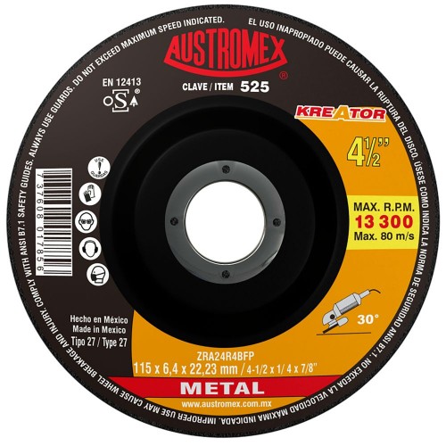 Disco abrasivo para debaste de metal de 115 x 6.4 x 15.88-11 mm (4-1/2" x 1/4" x 5/8" - 11H), AUSTROMEX -525