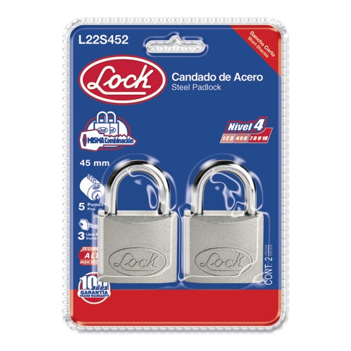 Lock - L22S452 - Candado de acero cortollave estándar 2 p