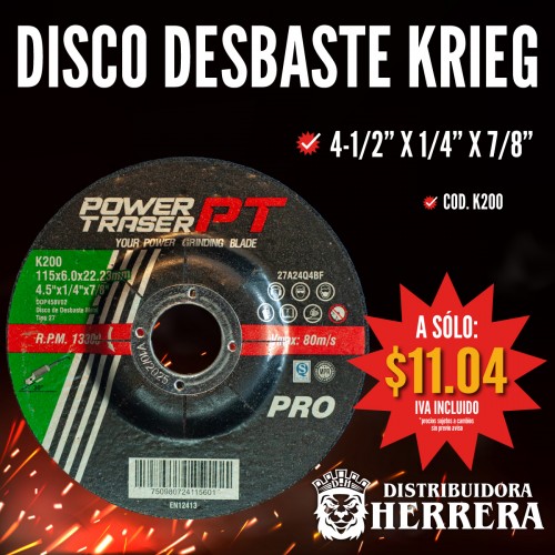 Krieg - K200 - Disco desbaste metal 4-1/2" x 1/4" x 7/8