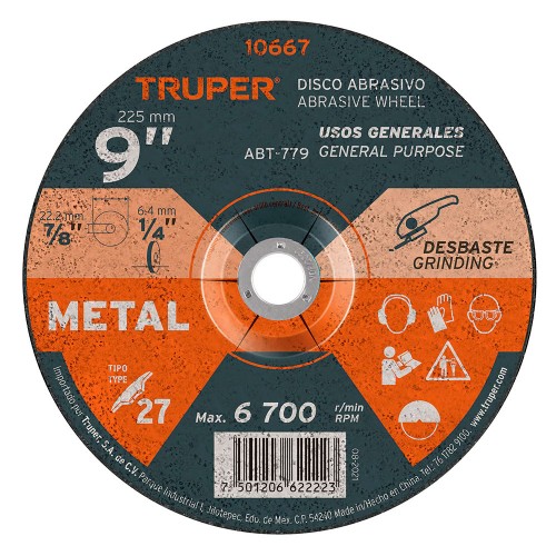 Disco Tipo 27 de 9' x 6.4 mm para desbaste de metal, Truper 10667