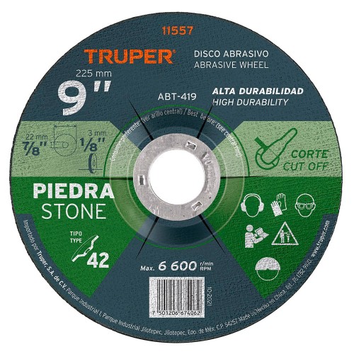 Disco Tipo 42 de 9' x 3.2 mm para corte de piedra, Truper 11557