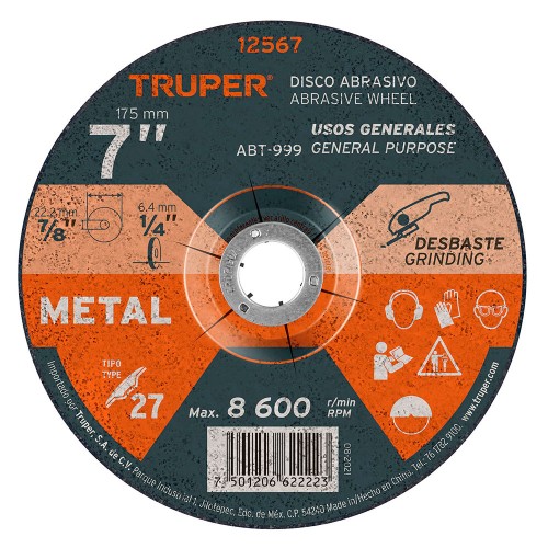 Disco Tipo 27 de 7' x 6.4 mm para desbaste de metal, Truper 12567