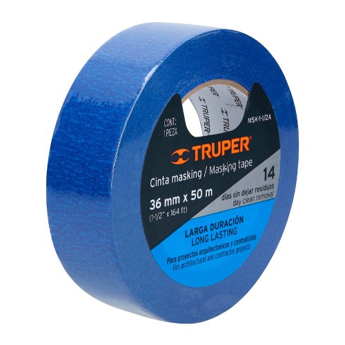Cinta masking tape azul de 1-1/2' x 50 m para pintor, Truper 12623