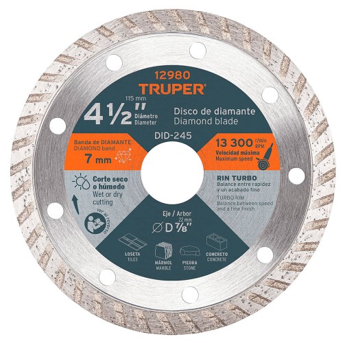 Disco de diamante de 4-1/2' x 2.2 mm rin turbo, Truper 12980