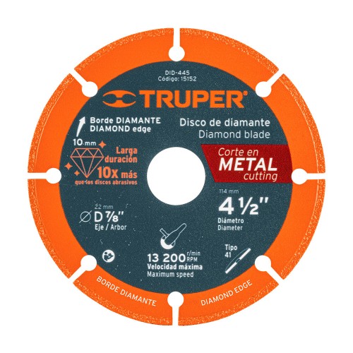 Disco de diamante de 4-1/2' x 1.4 mm para corte metal,Truper 15152