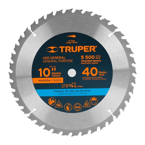 Disco sierra 10' para madera, 40 dientes centro 5/8', Truper 18305