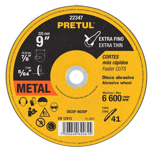 Disco Tipo 41 de 9' x 2 mm corte fino de metal, Pretul 22347
