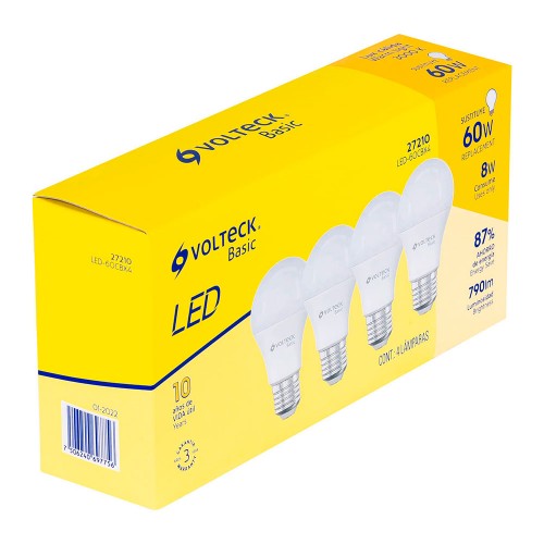 Pack de 4 lámparas LED A19 8 W (equiv. 60 W), luz cálida 27210