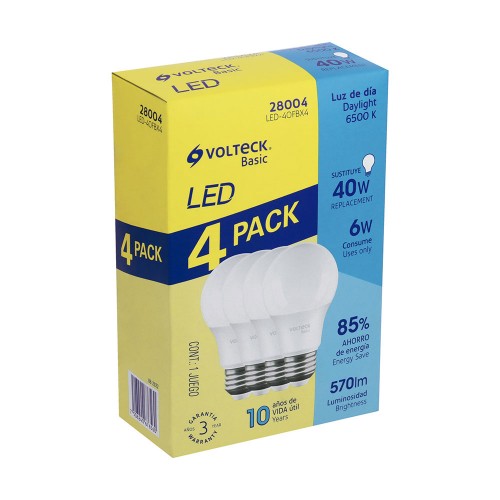 Pack de 4 lámparas LED A19 6 W (equiv. 40 W), luz de día 28004
