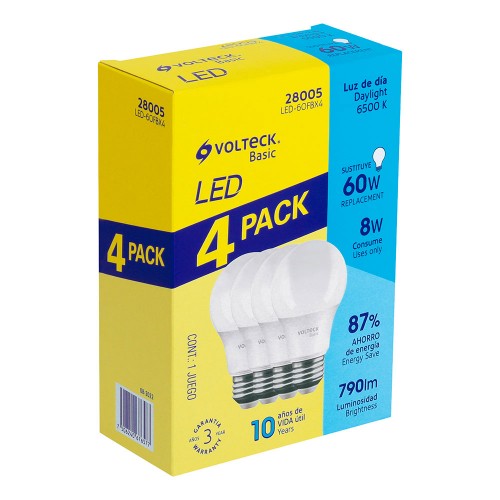 Pack de 4 lámparas LED A19 8 W (equiv. 60 W), luz de día 28005