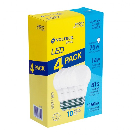 Pack de 4 lámparas LED A19 14 W (equiv. 75 W), luz de día 28007
