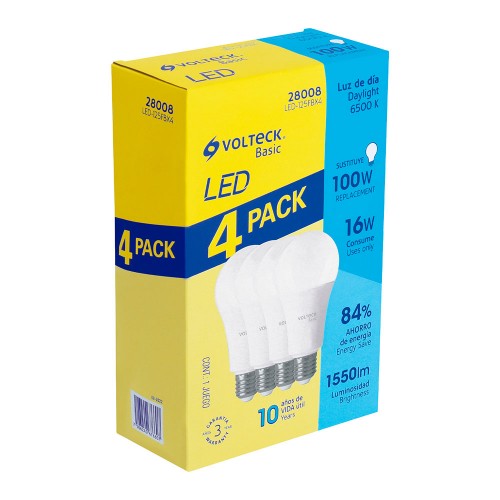 Pack de 4 lámparas LED A19 16 W (equiv. 100 W), luz de día 28008