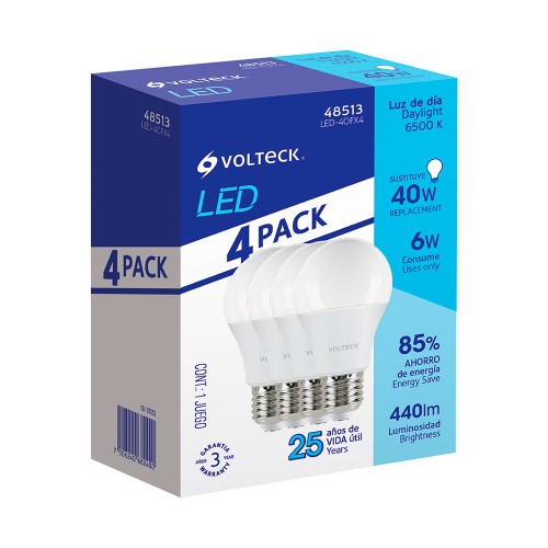 Pack de 4 lámparas LED A19 6 W (equiv. 40 W), luz de día 48513